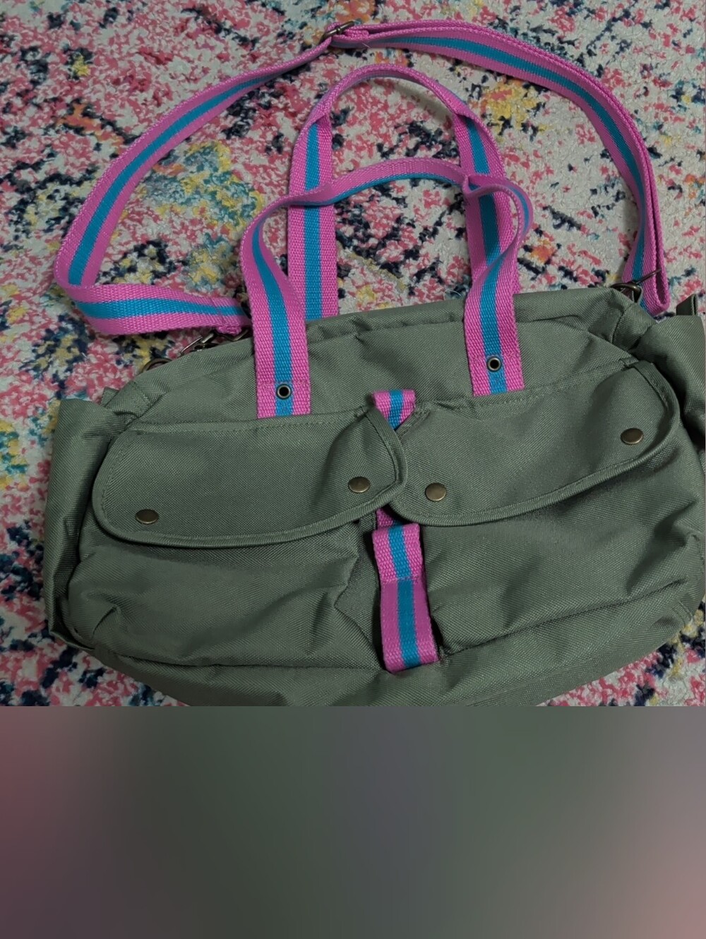Ralph Lauren Olive Satchel with Pink & Blue Webbing Straps
